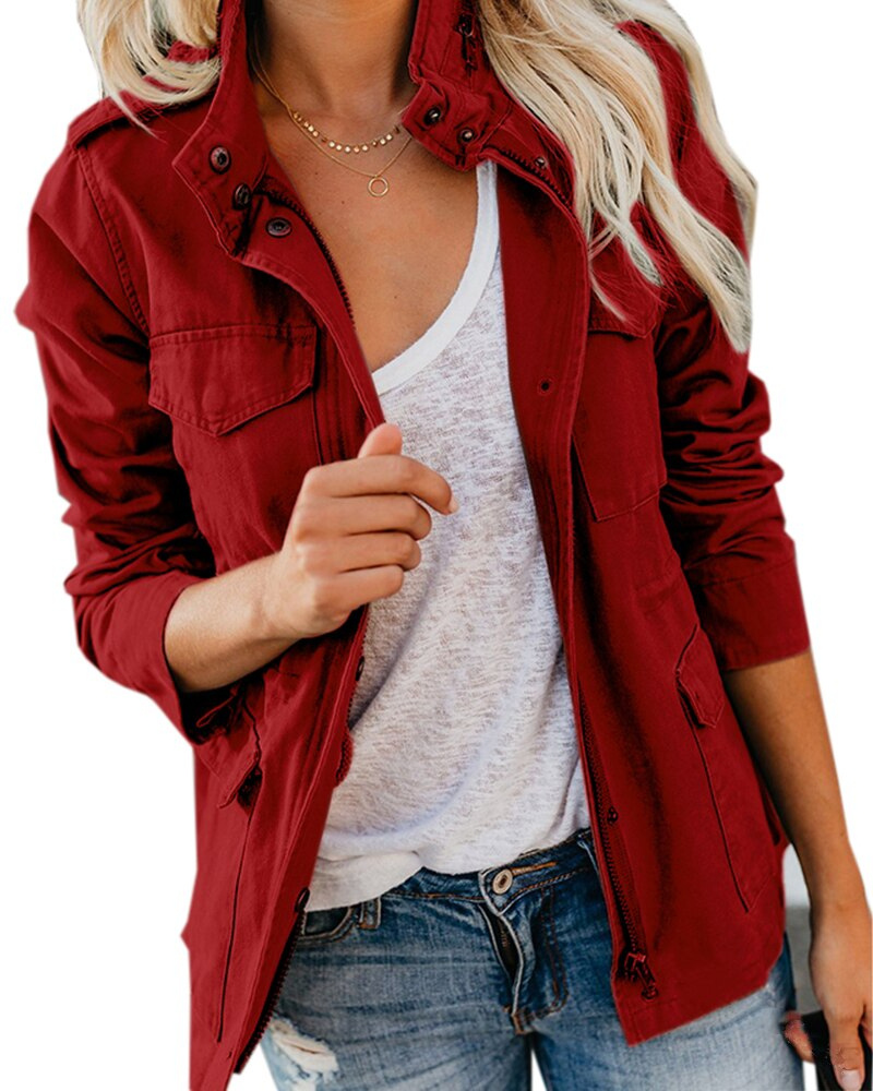 Women's Autumn Jacket with Pockets - Transitional Polyester and Cotton Outerwear