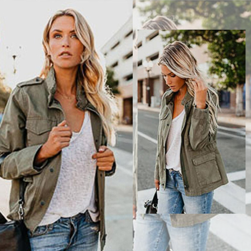 Women's Autumn Jacket with Pockets - Transitional Polyester and Cotton Outerwear