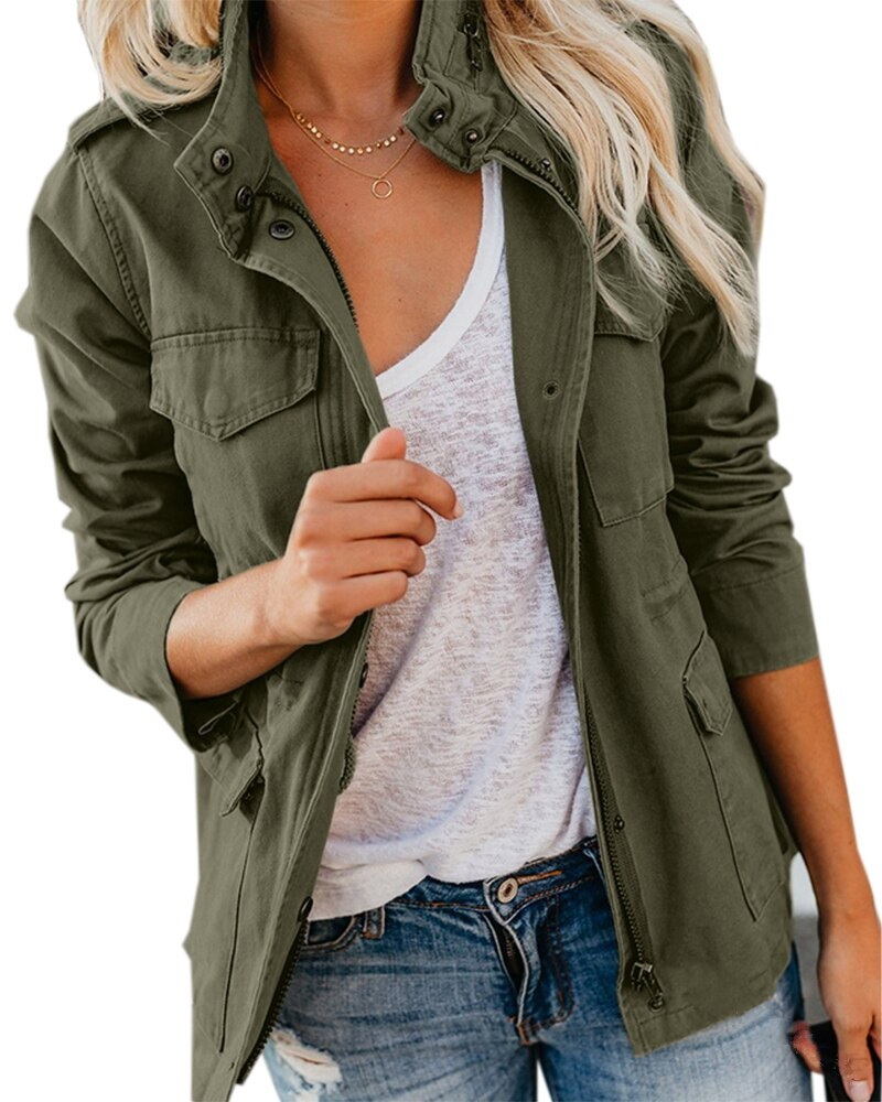Women's Autumn Jacket with Pockets - Transitional Polyester and Cotton Outerwear